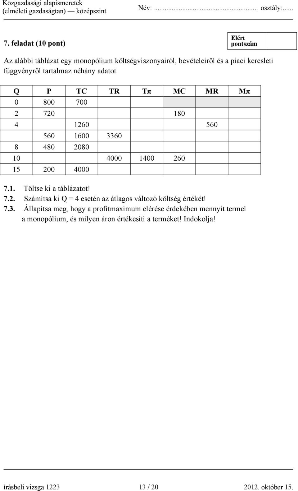 1. Töltse ki a táblázatot! 7.2. Számítsa ki Q = 4 esetén az átlagos változó költség értékét! 7.3.