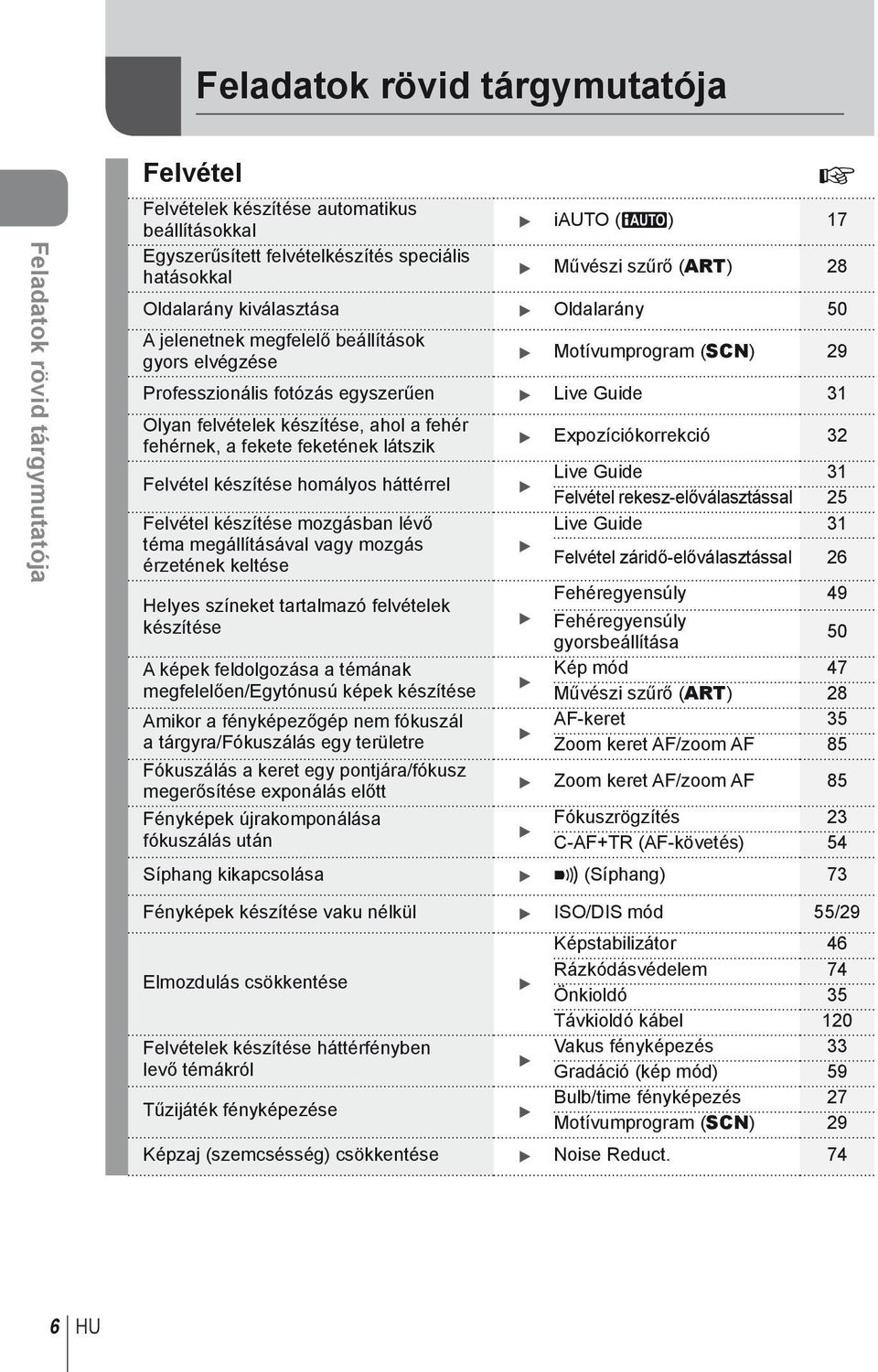 Oldalarány kiválasztása Oldalarány 50 A jelenetnek megfelelő beállítások gyors elvégzése Motívumprogram (SCN) 9 Professzionális fotózás egyszerűen Live Guide Olyan felvételek készítése, ahol a fehér