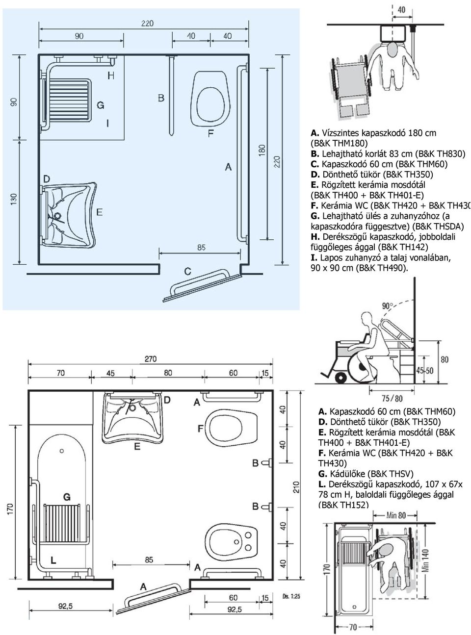 Derékszögű kapaszkodó, jobboldali függőleges ággal (B&K TH142) I. Lapos zuhanyzó a talaj vonalában, 90 x 90 cm (B&K TH490). A. Kapaszkodó 60 cm (B&K THM60) D.