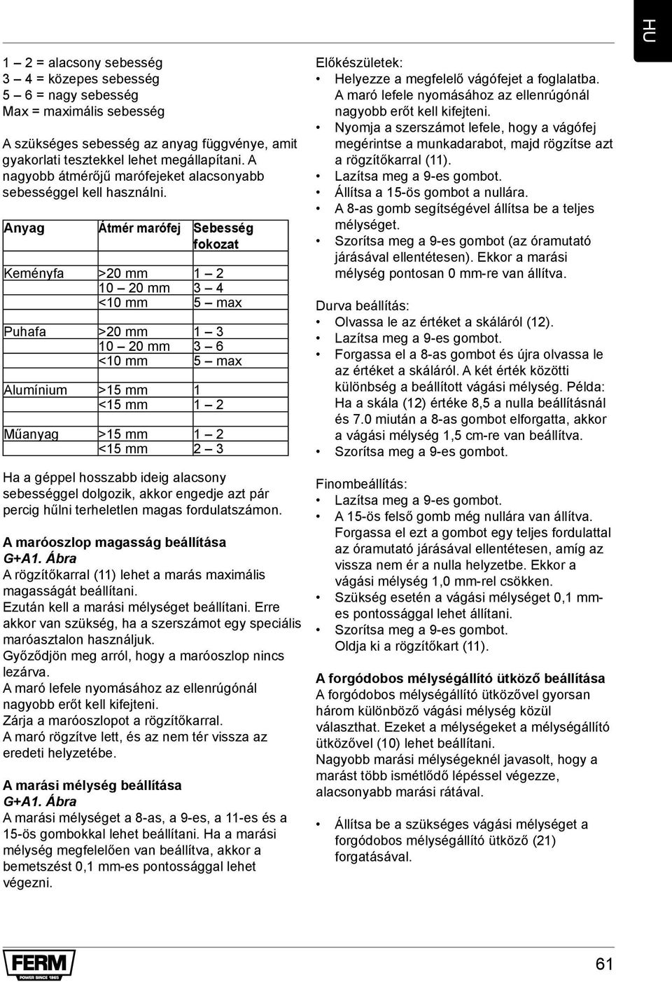 Anyag Átmér marófej sebesség fokozat Keményfa >20 mm 1 2 10 20 mm 3 4 <10 mm 5 max Puhafa >20 mm 1 3 10 20 mm 3 6 <10 mm 5 max Alumínium >15 mm 1 <15 mm 1 2 Műanyag >15 mm 1 2 <15 mm 2 3 Ha a géppel