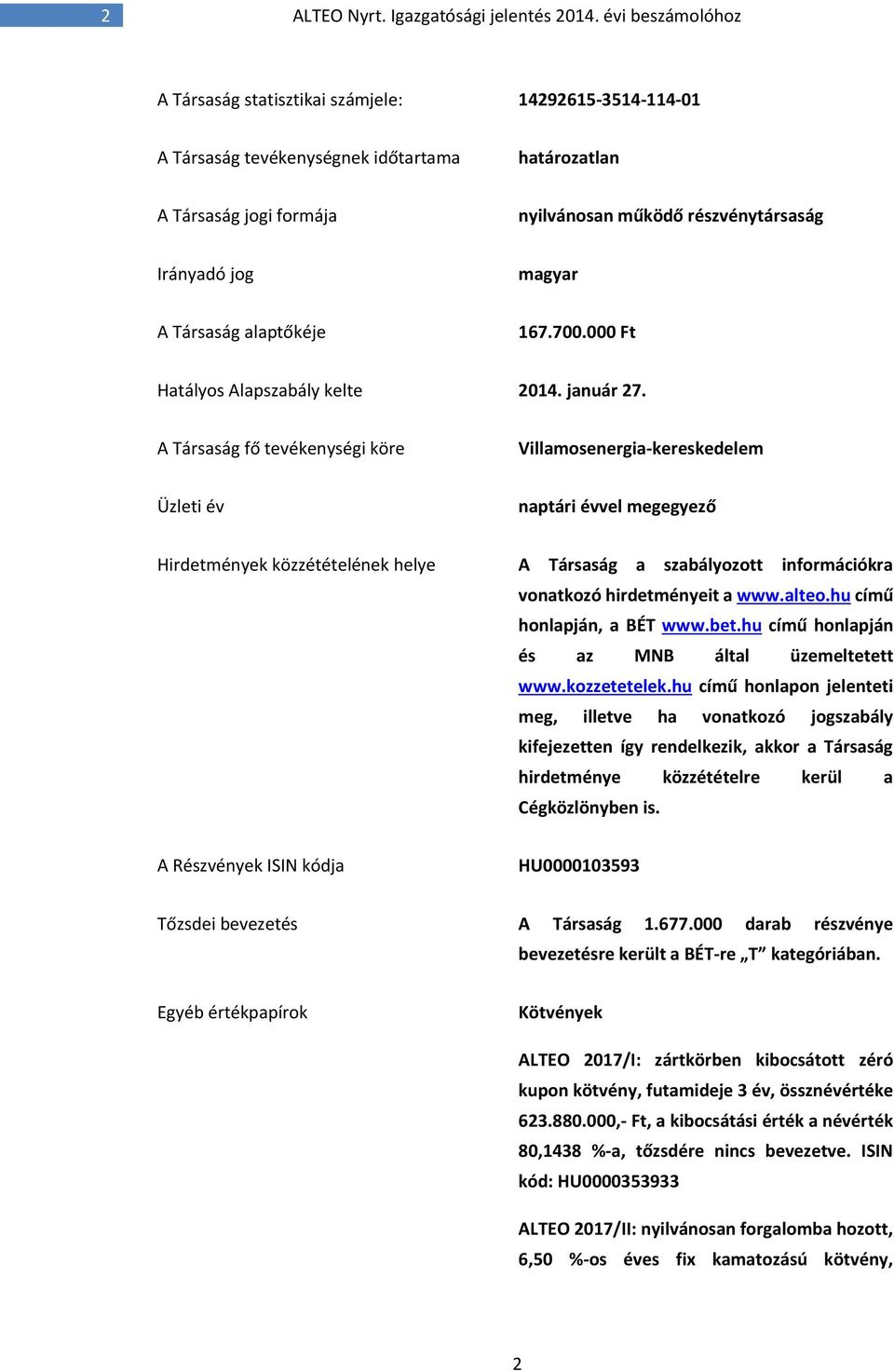 magyar A Társaság alaptőkéje 167.700.000 Ft Hatályos Alapszabály kelte 2014. január 27.