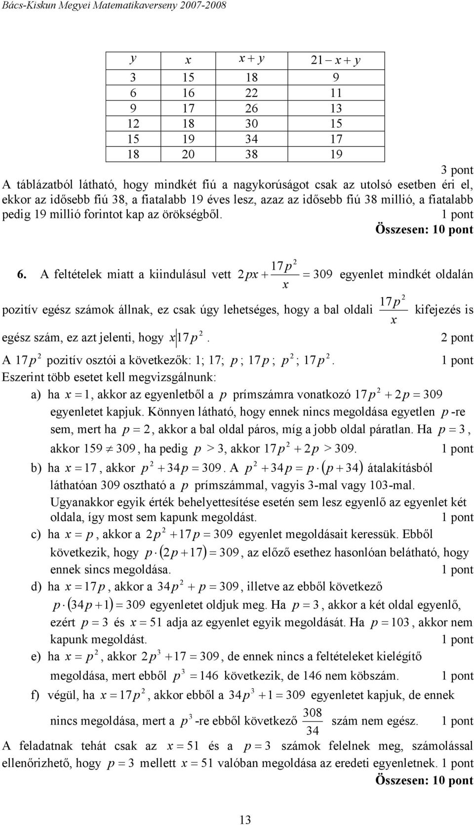 A feltételek miatt a kiindulásul vett px + = 09 egyenlet mindkét oldalán x 7 p pozitív egész számok állnak, ez csak úgy lehetséges, hogy a bal oldali x kifejezés is egész szám, ez azt jelenti, hogy x