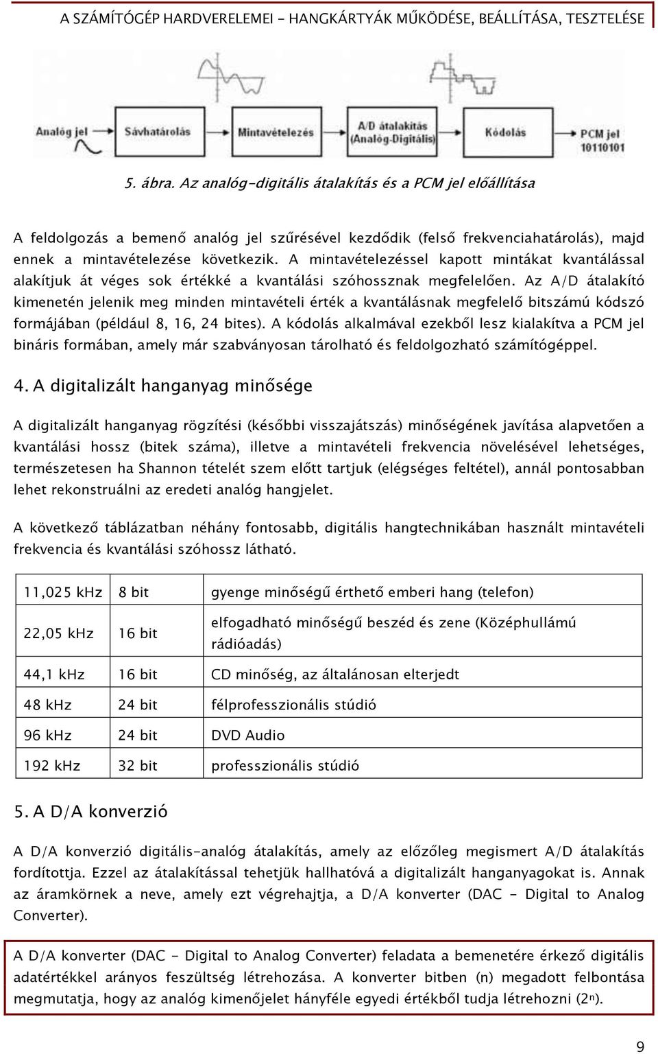Az A/D átalakító kimenetén jelenik meg minden mintavételi érték a kvantálásnak meőőelel bitszámú kódszó Őormájában (például 8, 16, 24 bites).