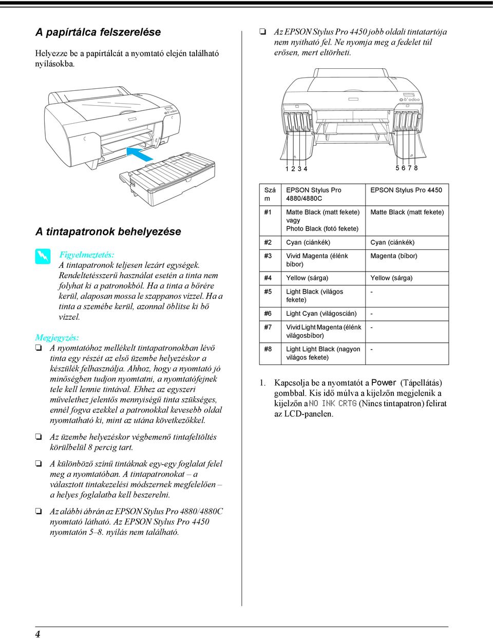 1234 5678 Szá m EPSON Stylus Pro 4880/4880C EPSON Stylus Pro 4450 A tintapatronok behelyezése w Figyelmeztetés: A tintapatronok teljesen lezárt egységek.