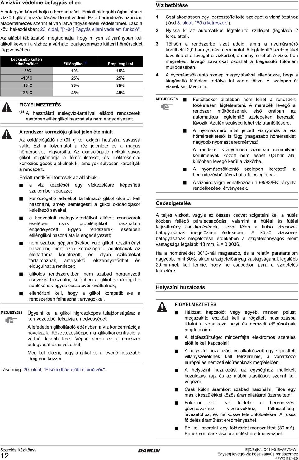 Az alábbi táblázatból megtudhatja, hogy milyen súlyarányban kell glikolt keverni a vízhez a várható legalacsonyabb kültéri hőmérséklet függvényében.