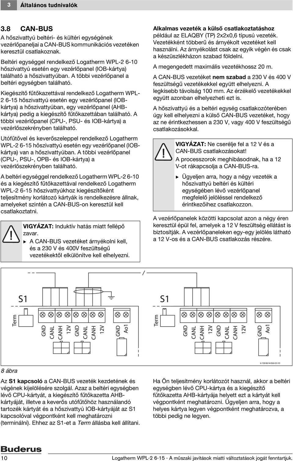 Kiegészítő fűtőkazettával rendelkező Logatherm WPL- 2 6-15 hőszivattyú esetén egy vezérlőpanel (IOBkártya) a hőszivattyúban, egy vezérlőpanel (AHBkártya) pedig a kiegészítő fűtőkazettában található.