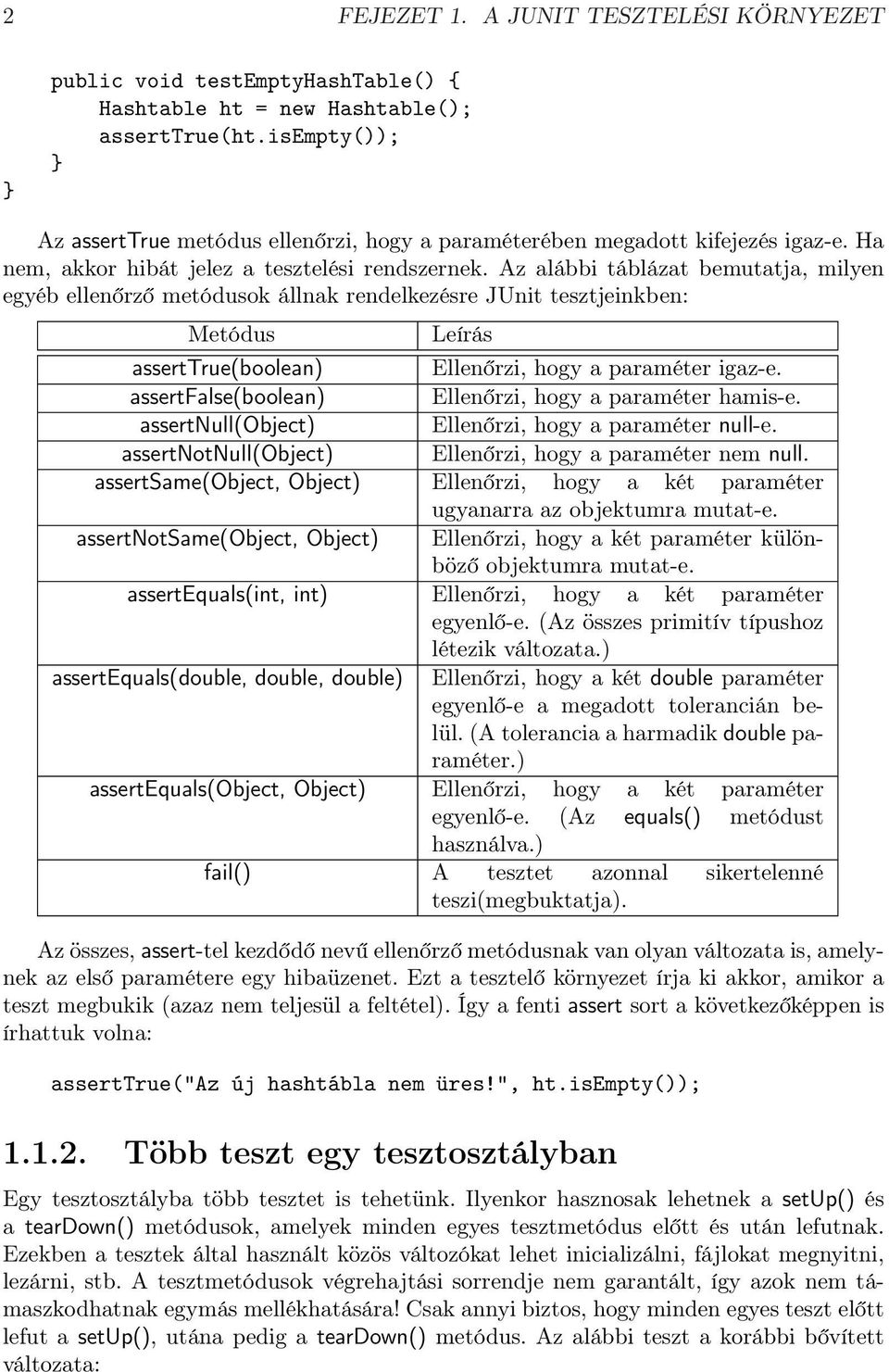 Az alábbi táblázat bemutatja, milyen egyéb ellenőrző metódusok állnak rendelkezésre JUnit tesztjeinkben: Metódus Leírás asserttrue(boolean) Ellenőrzi, hogy a paraméter igaz-e.