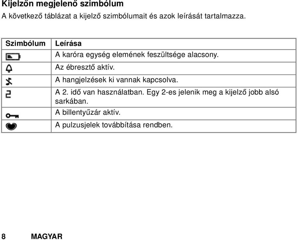 Az ébresztő aktív. A hangjelzések ki vannak kapcsolva. A 2. idő van használatban.