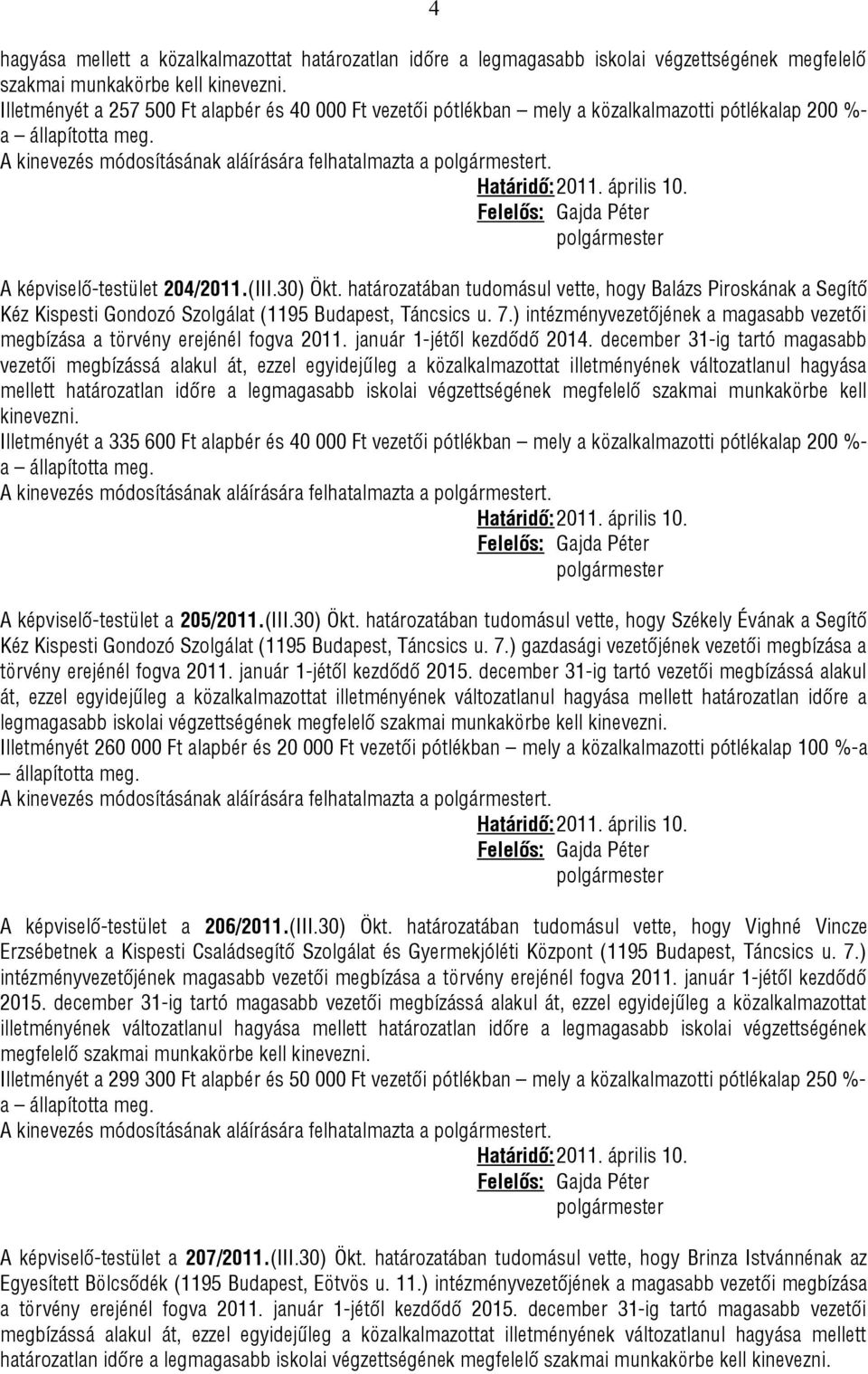 határozatában tudomásul vette, hogy Balázs Piroskának a Segítő Kéz Kispesti Gondozó Szolgálat (1195 Budapest, Táncsics u. 7.