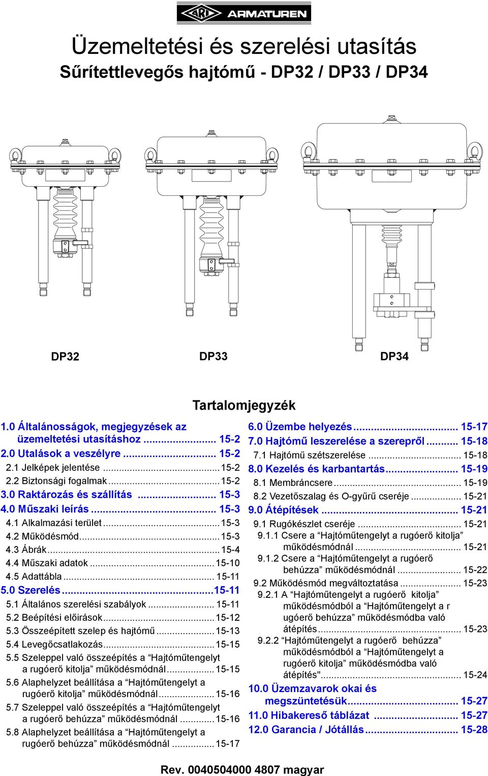 ..15-11 5.1 Általános szerelési szabályok... 15-11 5.2 Beépítési előirások...15-12 5.3 Összeépített szelep és hajtómű...15-13 5.4 Levegőcsatlakozás...15-15 5.