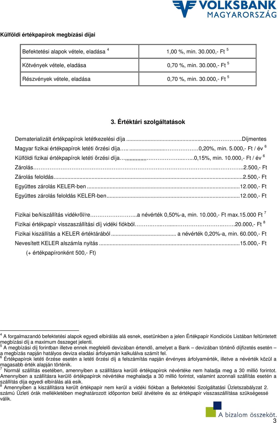 000,- Ft / év 6 Külföldi fizikai értékpapírok letéti őrzési díja,,,,,,,,,,,,,,......0,15%, min. 10.000,- Ft / év 6 Zárolás.....2.500,- Ft Zárolás feloldás... 2.500,- Ft Együttes zárolás KELER-ben... 12.