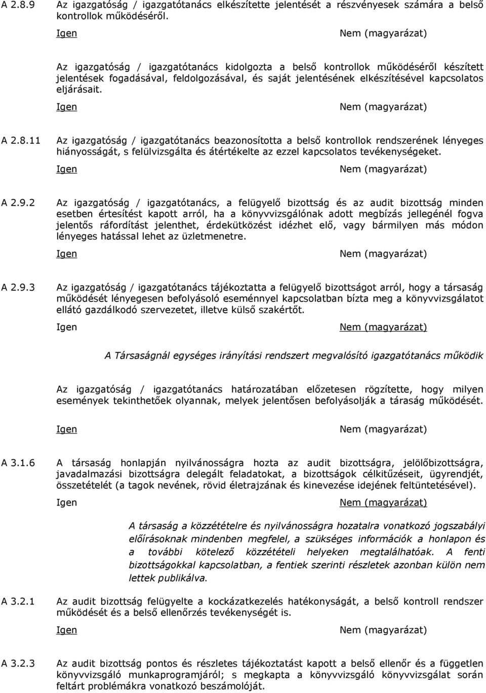 11 Az igazgatóság / igazgatótanács beazonosította a belső kontrollok rendszerének lényeges hiányosságát, s felülvizsgálta és átértékelte az ezzel kapcsolatos tevékenységeket. A 2.9.