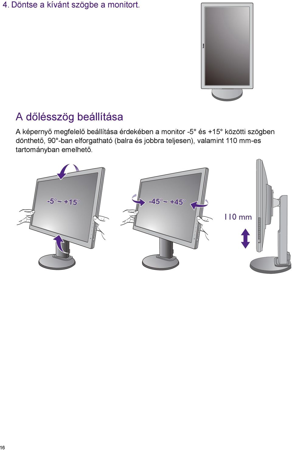 monitor -5 és +15 közötti szögben dönthető, 90 -ban elforgatható
