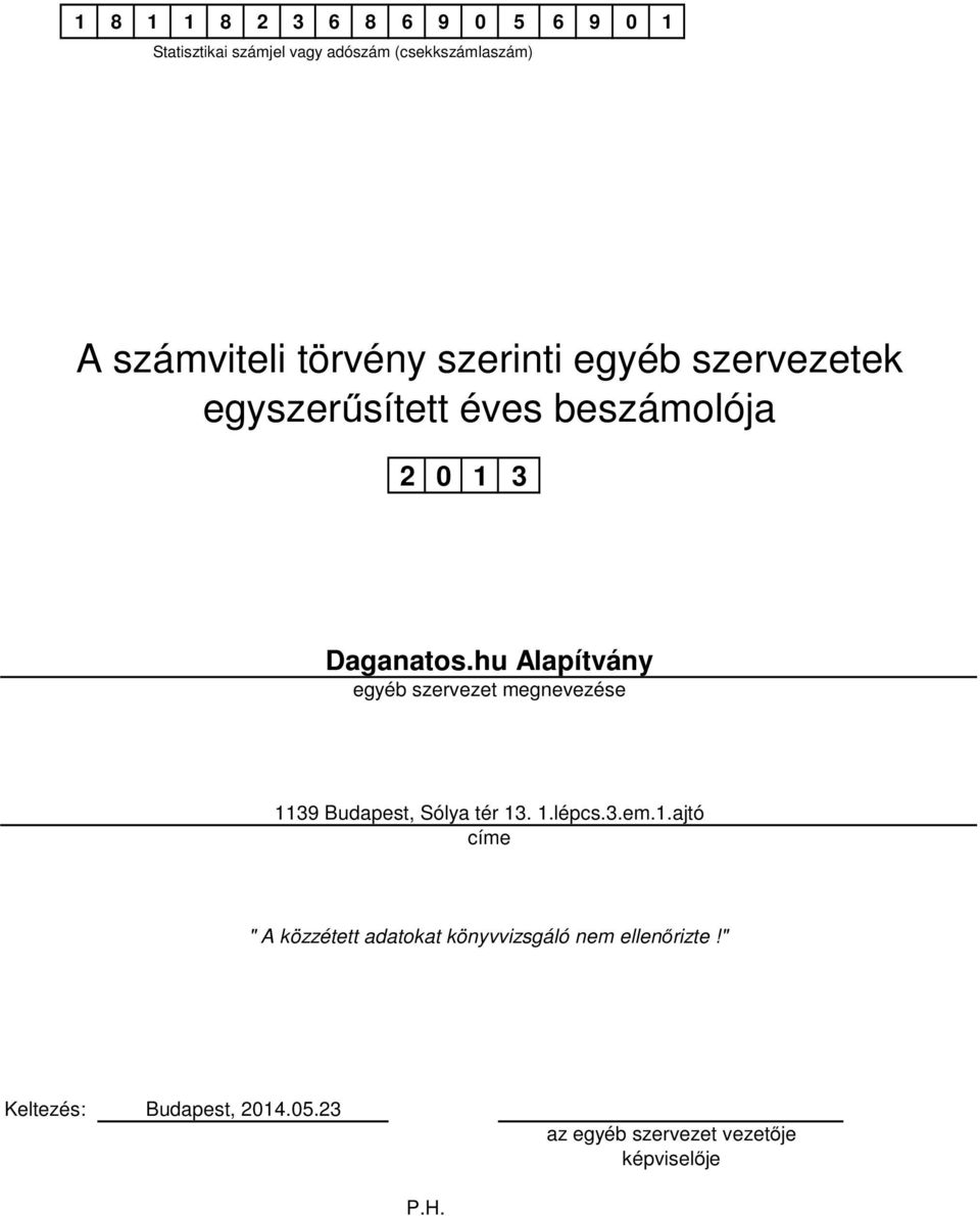 éves beszámolója 2 0 1 3 egyéb szervezet megnevezése címe " A közzétett adatokat