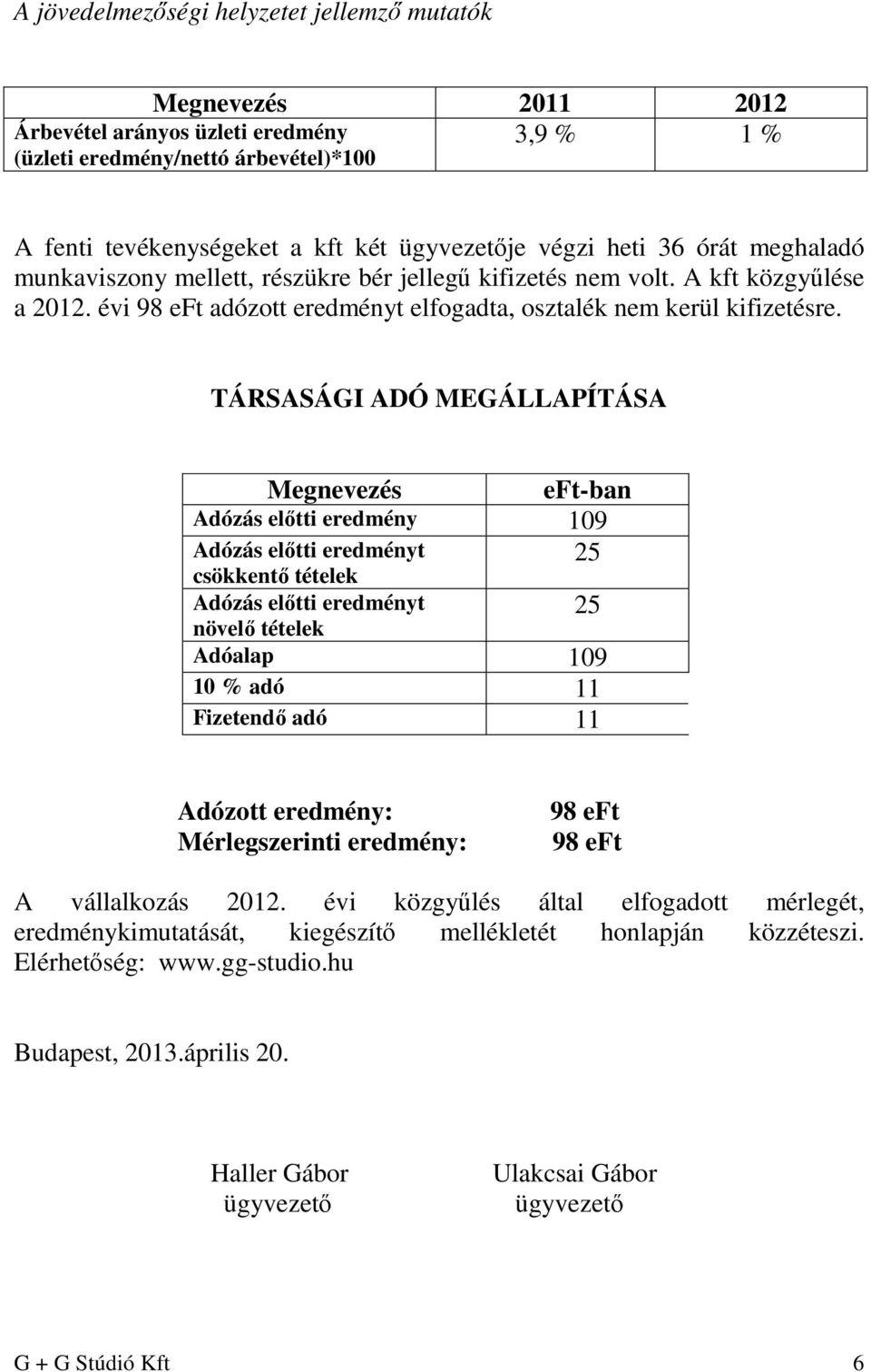 TÁRSASÁGI ADÓ MEGÁLLAPÍTÁSA Megnevezés eft-ban Adózás előtti eredmény 109 Adózás előtti eredményt 25 csökkentő tételek Adózás előtti eredményt 25 növelő tételek Adóalap 109 10 % adó 11 Fizetendő adó