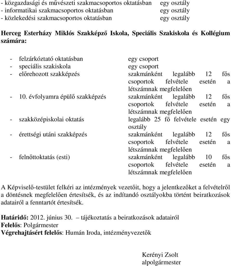 évfolyamra épülő szakképzés szakmánként legalább 1s - szakközépiskolai oktatás legalább 25 fő felvétele esetén egy osztály - érettségi utáni szakképzés szakmánként legalább 1s - felnőttoktatás (esti)