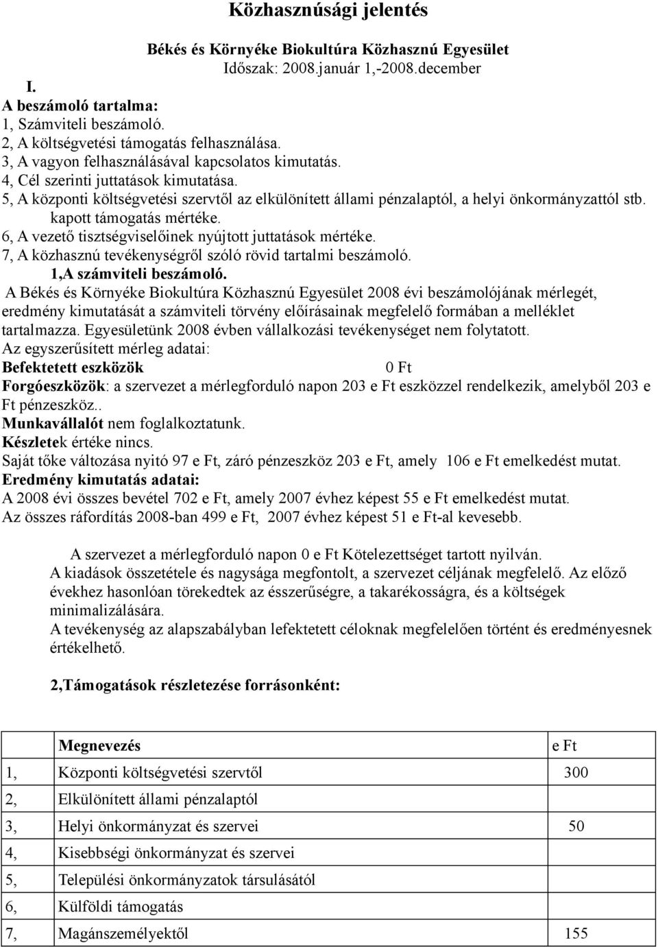 kapott támogatás mértéke. A vezető tisztségviselőinek nyújtott juttatások mértéke. A közhasznú tevékenységről szóló rövid tartalmi beszámoló. 1,A számviteli beszámoló.