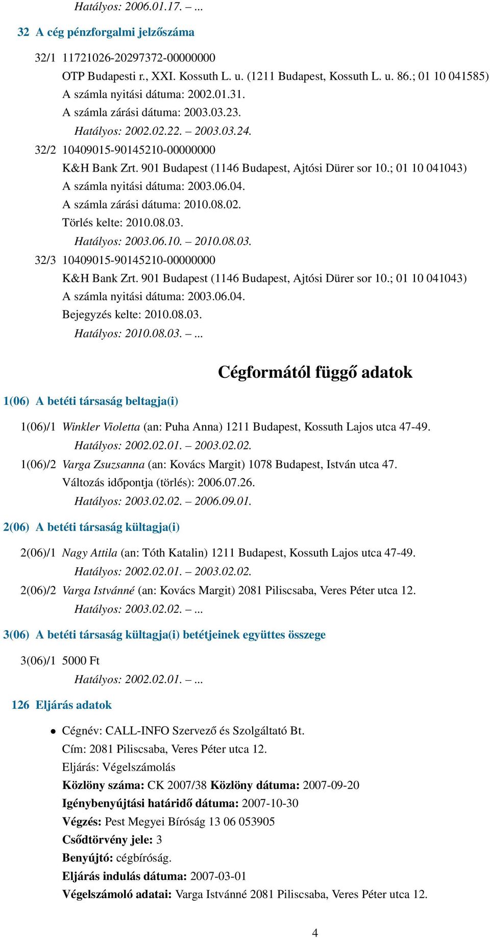 901 Budapest (1146 Budapest, Ajtósi Dürer sor 10.; 01 10 041043) A számla nyitási dátuma: 2003.06.04. A számla zárási dátuma: 2010.08.02. Törlés kelte: 2010.08.03. Hatályos: 2003.06.10. 2010.08.03. 32/3 10409015-90145210-00000000 K&H Bank Zrt.