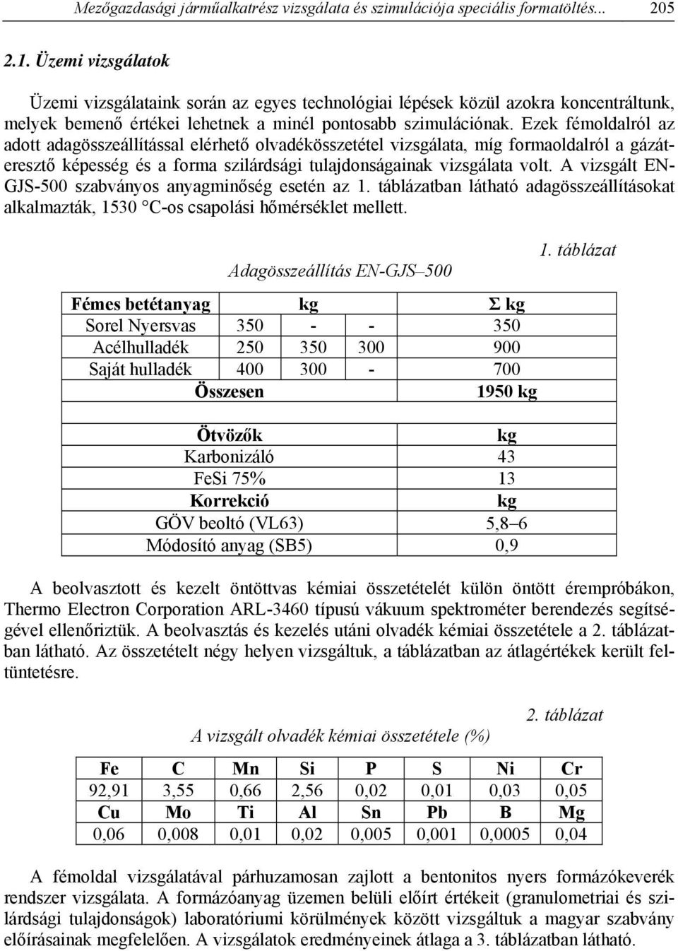 Ezek fémoldalról az adott adagösszeállítással elérhető olvadékösszetétel vizsgálata, míg formaoldalról a gázáteresztő képesség és a forma szilárdsági tulajdonságainak vizsgálata volt.