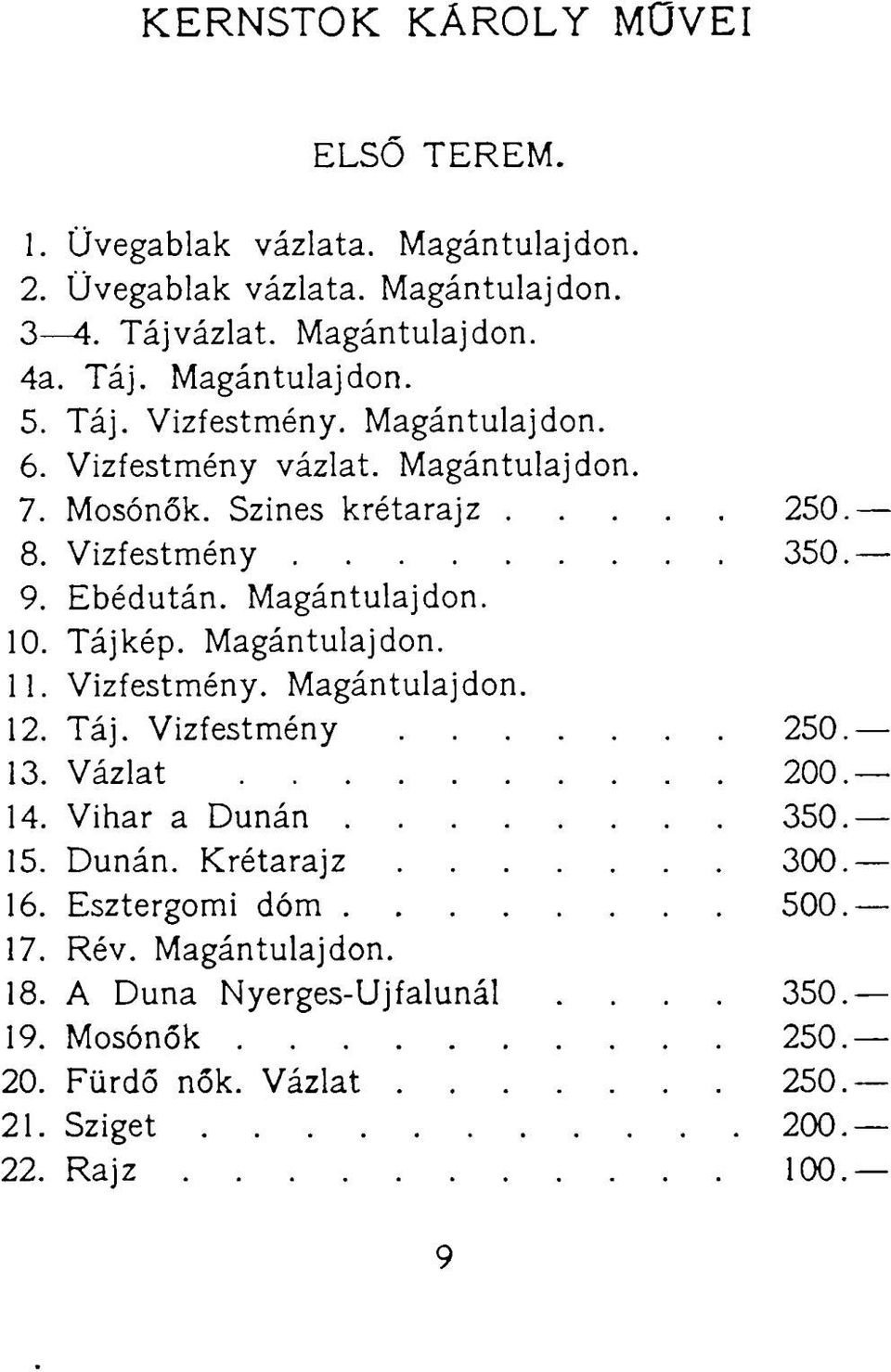 Tájkép. Magántulajdon. 11. Vizfestmény. Magántulajdon. 12. Táj. Vizfestmény 250 13. Vázlat 200 14. Vihar a Dunán 350 15. Dunán. Krétarajz 300 16.