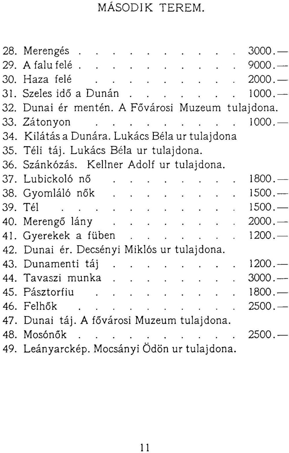 Lubickoló nő 1800. 38. Gyomláló nők 1500. 39. Tél 1500. 40. Merengő lány 2000. 41. Gyerekek a fűben 1200. 42. Dunai ér. Decsényi Miklós ur tulajdona. 43.