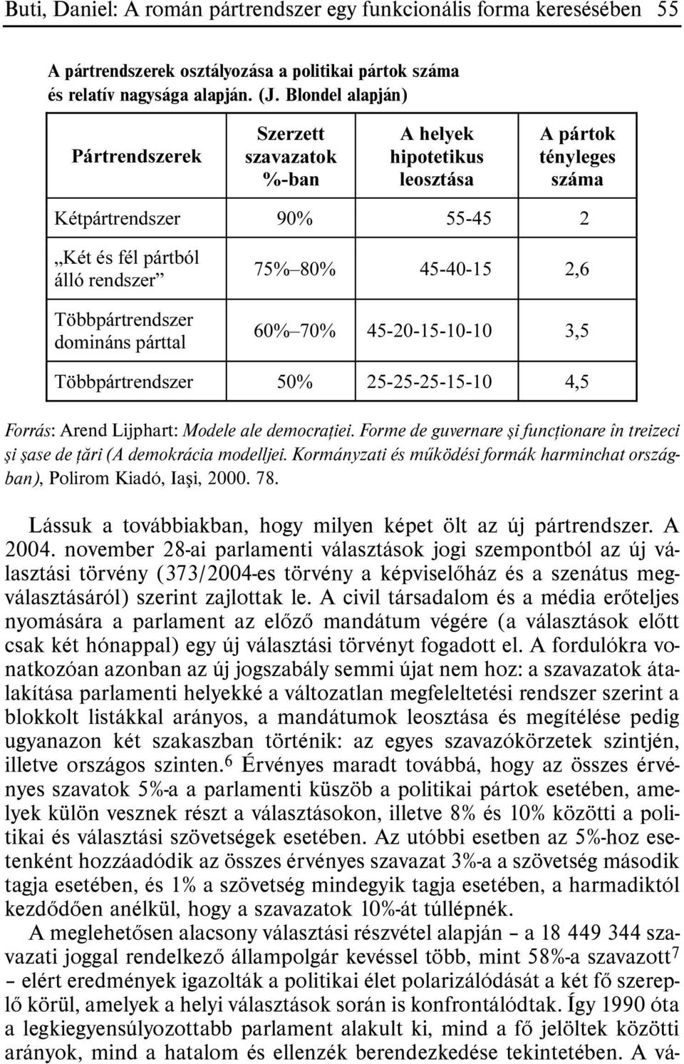 domináns párttal 75% 80% 45-40-15 2,6 60% 70% 45-20-15-10-10 3,5 Többpártrendszer 50% 25-25-25-15-10 4,5 Forrás: Arend Lijphart: Modele ale democraþiei.