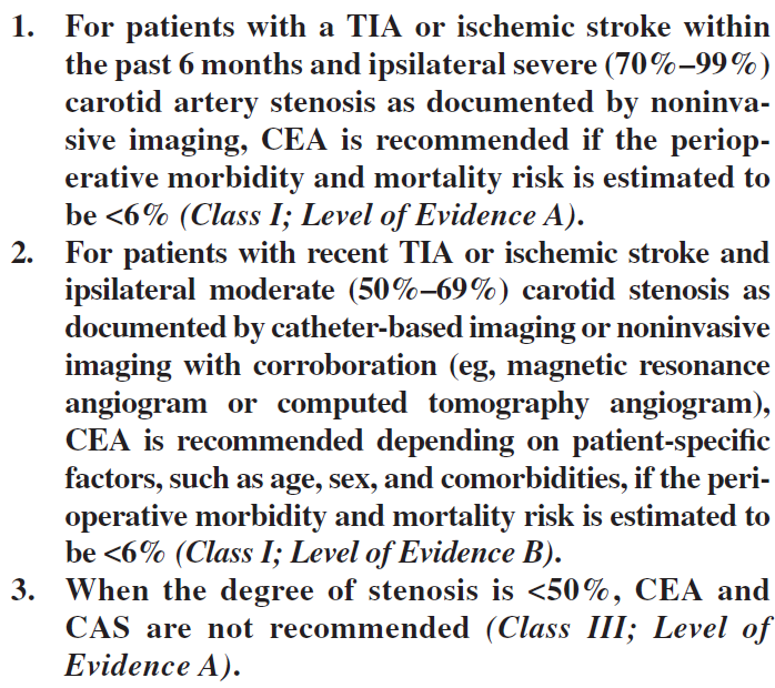 Következtetések Stroke/TIA kezdetétől számított 6 hónapon belül, 70-99% symptomás ICA stenosis operálandó (CEA), ha a perioperatív rizikó az adott centrumban/sebésznél < 6% 50-69% stenosis esetén CEA