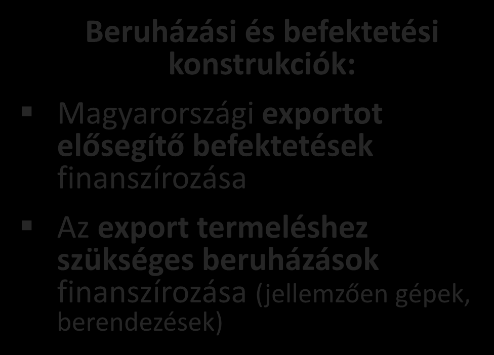 garanciák közvetett közvetlen Termékstruktúra beruházás, befektetés befektetés, beruházás finanszírozás Befektetési hitel Exportcélú beruházási Exportcélú beruházás a beszerzés termelés kiszállítás