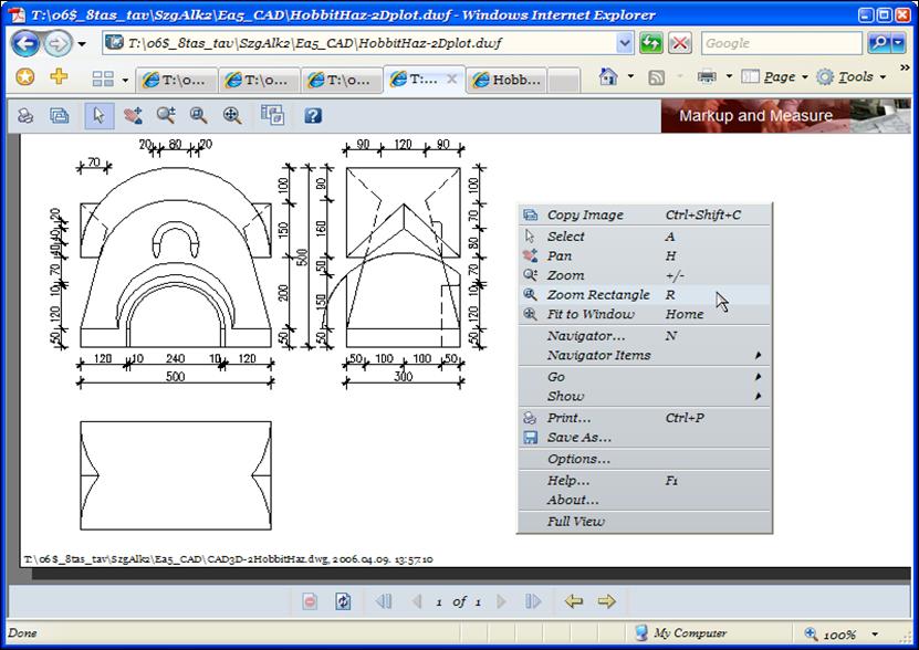 Példa: AutoCAD modell dokumentációja PDF illetve DWF verzióban. A megjelenítéséhez megfelelő böngésző ill. segédprogram (plugin) szükséges.