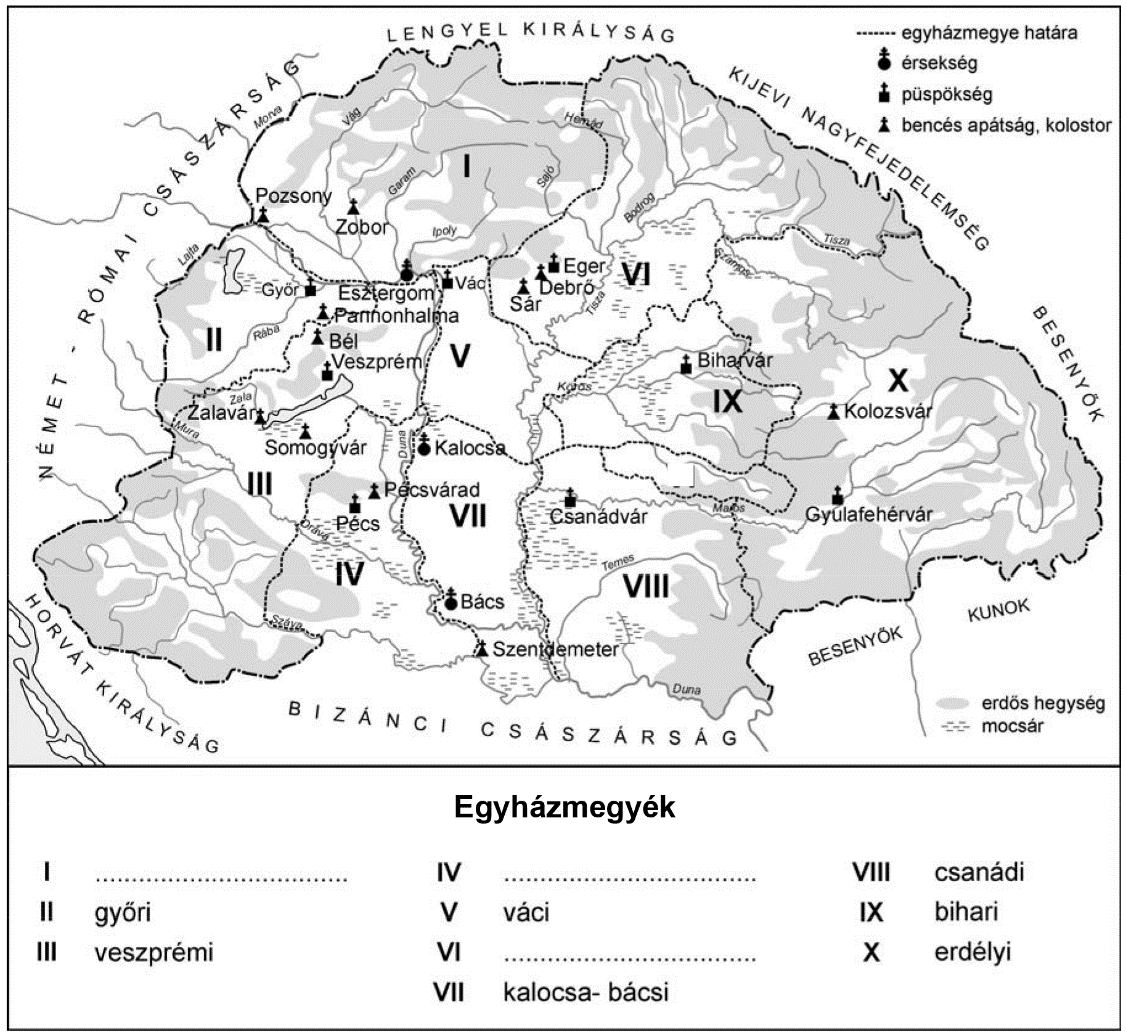 4. feladat A feladat Szent István egyházszervező tevékenységével kapcsolatos. Oldja meg a feladatot a forrás és ismeretei alapján! a) Egészítse ki a hiányos térképmagyarázatot! (Elemenként 0,5 pont.