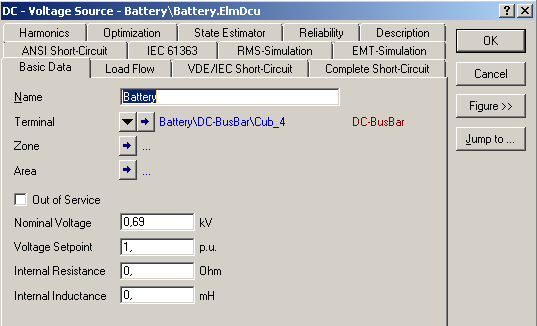 16. ábra: Gyűjtősínek paraméterezése A DC-sín esetében a névleges feszültség 0,69kV és ne felejtsük el a sín típusát (System Type) átállítani DC-re!