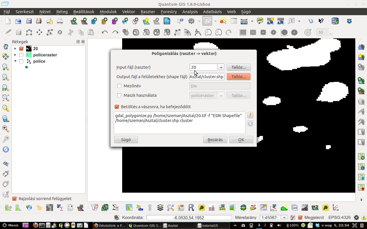 13. ábra. Fehérrel a 20-nál magasabb értékek szerepelnek. Navigáljunk a raszter menübe és a Konverzión belül válasszuk ki a poligonizálás opciót, hogy vektor fájlként exportáljuk a raszterünket.