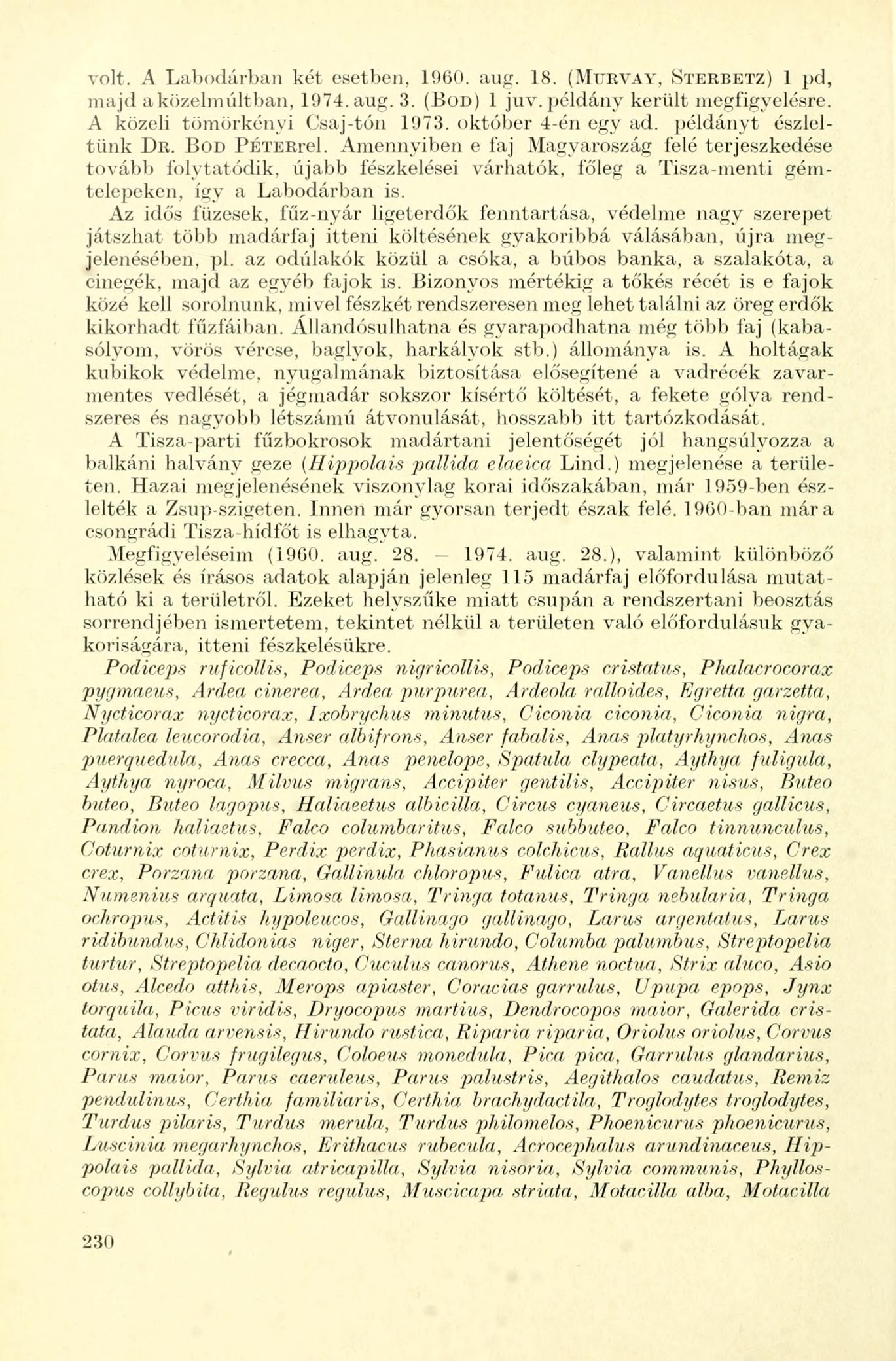 volt. A Labodárban két esetben, 1960. aug. 18. (MURVAY, STERBETZ) 1 pd, majd a közelmúltban, 1974. aug. 3. (BOD) 1 juv. példány került megfigyelésre. A közeli tömörkényi Csaj-tón 1973.