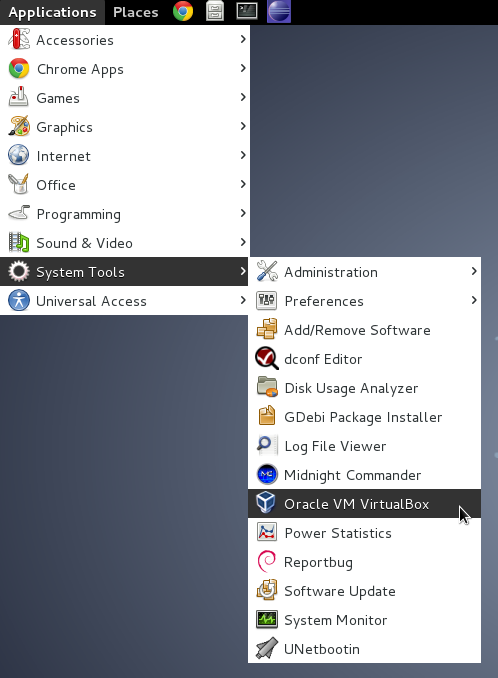 $ sudo apt get install f A telepítés után a VirtualBox megtalálható az Alkalmazások > Rendszereszközök (Applications > System tools)