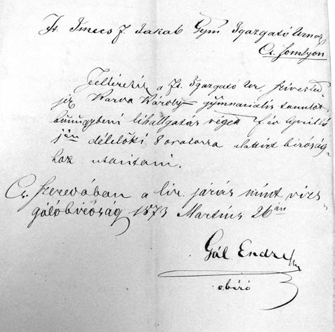 5. Sz.127-1873. Várdotfalvi előljáróságtól Főtisztelendő Gimnáziumi Igazgató Imets Fülöp Jákó Úrnak Sürgős Ft. Imecs F. Jakab [Jákó] Gym. Igazgató Úrnak Cs. Somlyón Felkéretik a Ft.