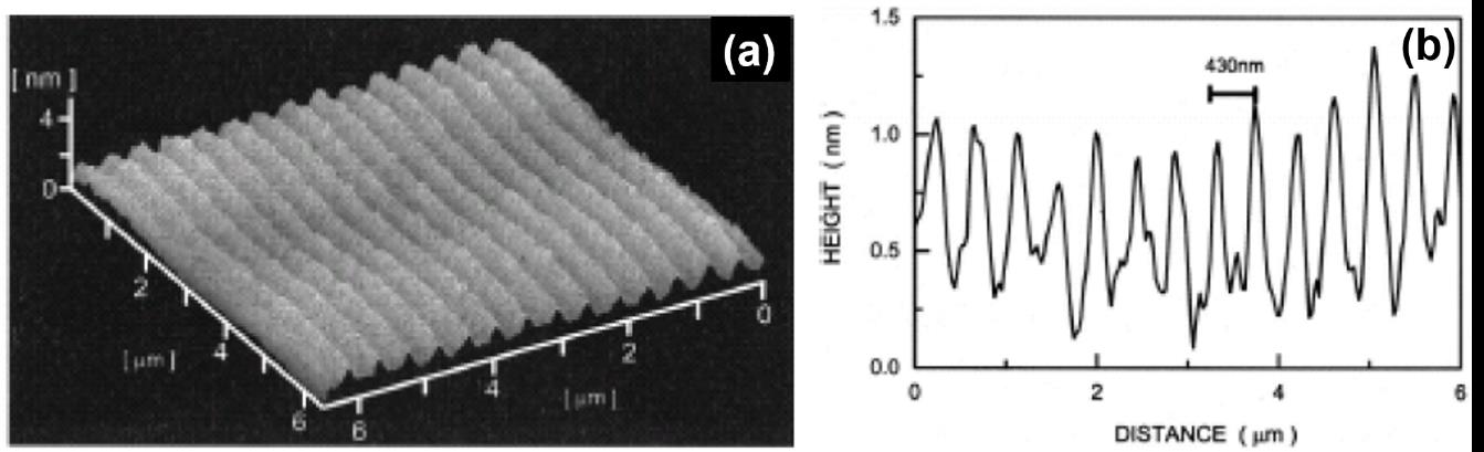 15. ábra Titán-zafír egyimpulzusos ablációval 100 µm vastag SiO 2 rétegben létrehozott p=430 nm peridódusú rács és annak mélységi profilja, E=50µJ\impulzus, 1 impulzus [48].