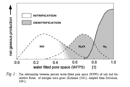A különböző nitrogénformák keletkezése (produkciója) a talaj víztelítettségének függvényében Kis víztartalomnál jó az oxigén ellátás nitrifikáció (oxidáció), NO