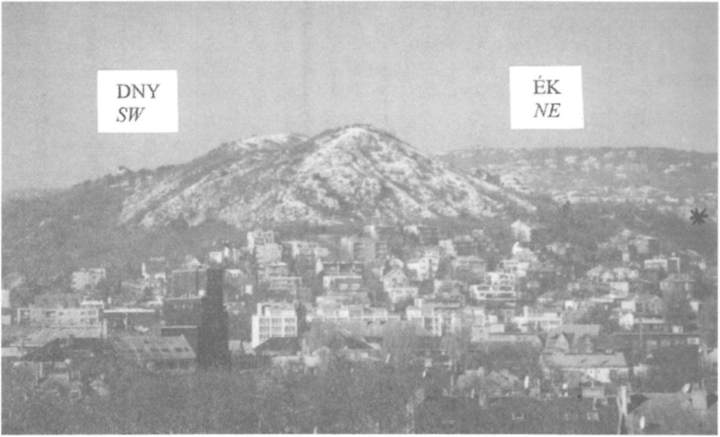 FODOR L. & MACYARI A.: Késő-eocén-miocén szerkezetalakulás és üledékképződés a Sas-hegyen 251 3. ábra. A Sas-hegy látképe keletről (a Flamenco szálloda ablakából).