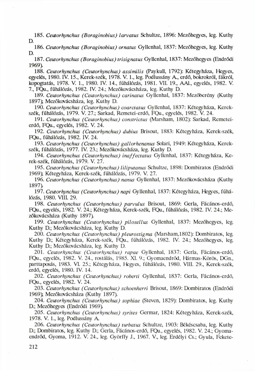 185. Ceutorhynchus (Boraginobius) larvatus Schultze, 1896: Mezőhegyes, leg. Kuthy D. 186. Ceutorhynchus (Boraginobius) ornatus Gyllenhal, 1837: Mezőhegyes, leg. Kuthy D. 187.