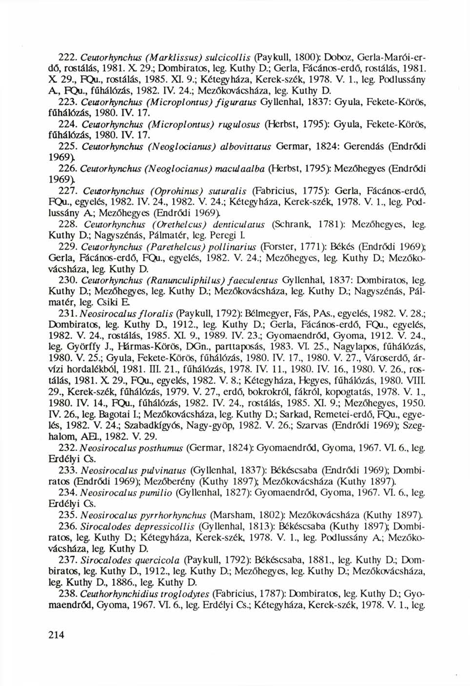 222. Ceutorhynchus (Marklissus) sulcicollis (Paykull, 1800): Doboz, Gerla-Marói-erdő, rostálás, 1981. X 29.; Dombiratos, leg. Kuthy D.; Gerla, Fácános-erdő, rostálás, 1981. X 29, FQu, rostálás, 1985.