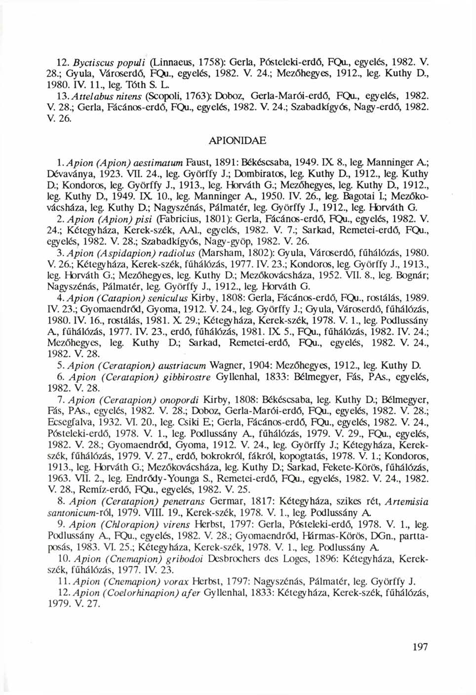 12. Byctiscus populi (Linnaeus, 1758): Gerla, Pósteleki-erdő, FQu., egyelés, 1982. V. 28.; Gyula, Városerdő, FQu, egyelés, 1982. V. 24.; Mezőhegyes, 1912, leg. Kuthy D, 1980. IV. 11, leg. Tóth S. L.