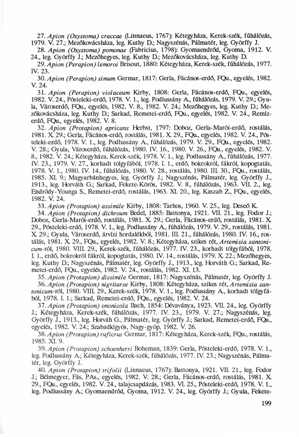 21. Apion (Oxystoma) craccae (Linnaeus, 1767): Kétegyháza, Kerek-szék, fűhálózás, 1979. V. 27.; Mezőkovácsháza, leg. Kuthy D.; Nagyszénás, Pálmatér, leg. Györffy J. 28.