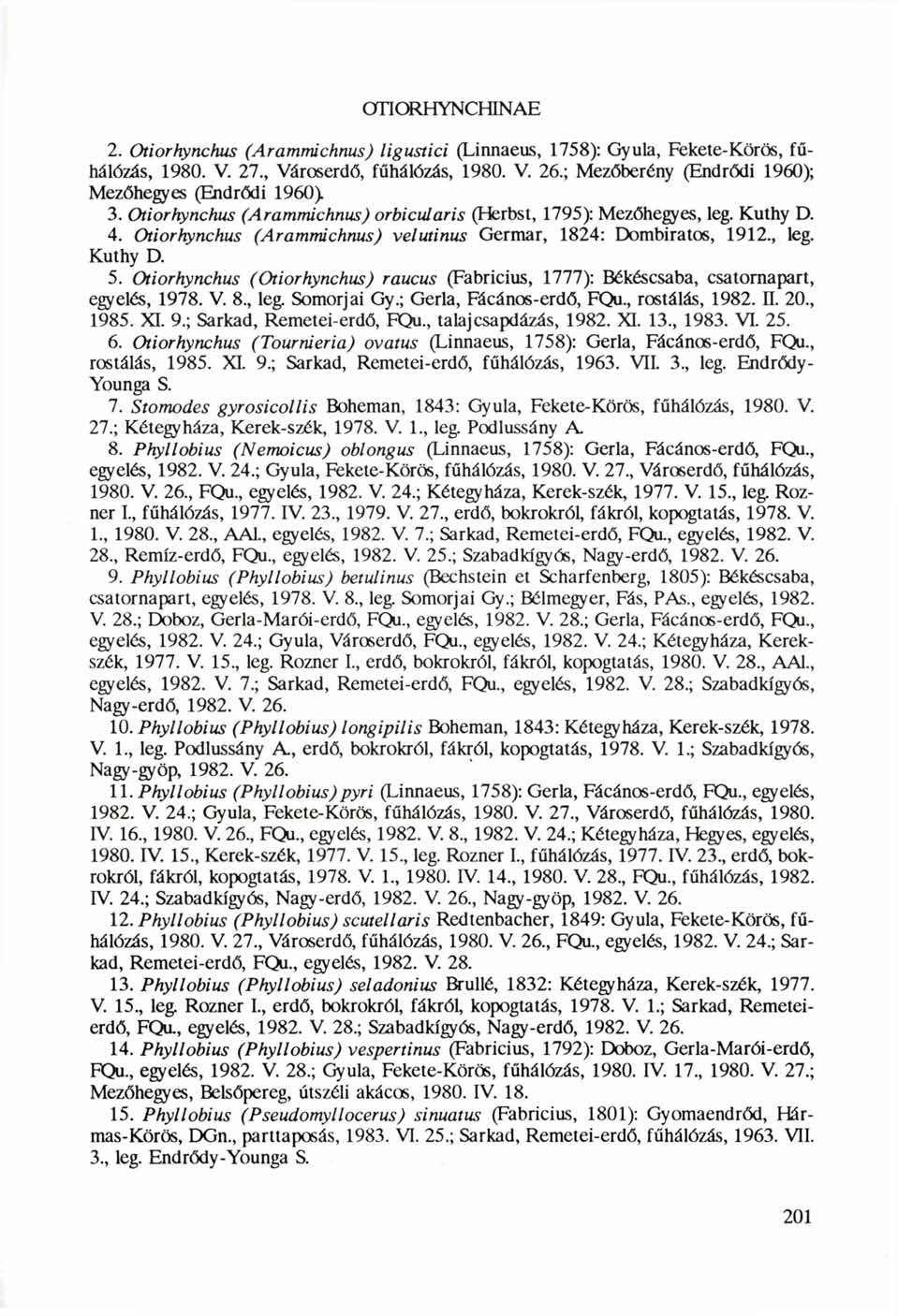 OTIQRHYNCHINAE 2. Otiorhynchus (Aramrnichnus) ligustici (Linnaeus, 1758): Gyula, Fekete-Körös, fűhálózás, 1980. V. 27, Városerdő, fűhálózás, 1980. V. 26.