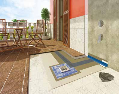 Erkély, terasz Alapozás Vízszigetelés Erkély, terasz cementes aljzat esetén Égetett kerámia, Előnedvesítés MAPELASTIC AQUADEFENSE MAPELASTIC+MAPEBAND KERAFLEX KERAFLEX