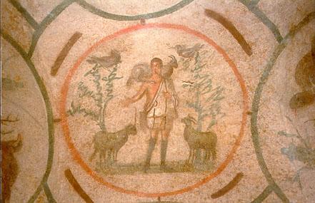 1/c Az alábbi falkép a római Callixtus katakombában látható. Nevezze meg az ábrázolás típusát!... Milyen antik előképe van ennek a típusnak?