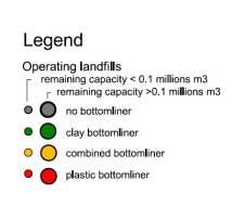 Jelmagyarázat Működő lerakók Maradék kapacitás < 0,1 millió m 3 Maradék kapacitás > 0,1 millió m 3