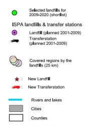 2009-2020-ra kiválasztott lerakók ISPA lerakók és átrakóállomások Tervezett lerakó (2001-2009) Tervezett