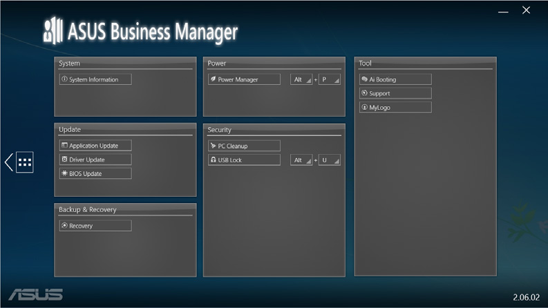 Az ASUS Manager elindítása Az ASUS Manager alkalmazást a Start (Indítás) > ASUS > ASUS Manager elemre kattintva indíthatja el a Start menüből Ikonnézet és listanézet Az ASUS Manager ikonnézetet és
