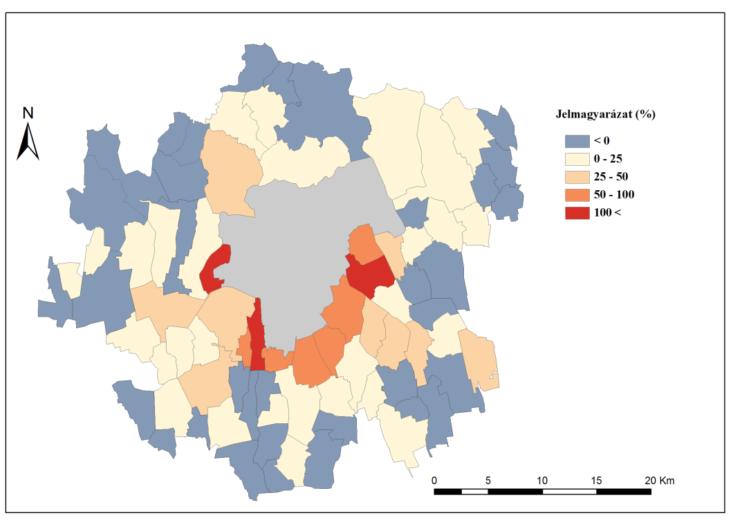 1. ábra: Vándorlási különbözet a Pécs környéki településeken (%) 1990-2011 (KSH alapján saját szerk.