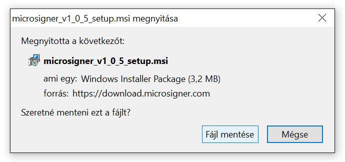1 A Microsigner telepítő letöltése A telepítés megkezdéséhez töltse le és indítsa el az alkalmazás telepítőfájlját. A fájlt az online igénylőlap első oldalának harmadik pontjában találja.